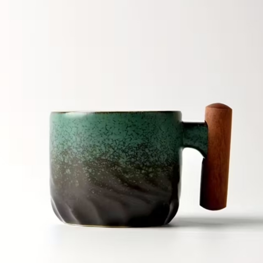 black/green ceramic mug with a wooden handle (60ml)