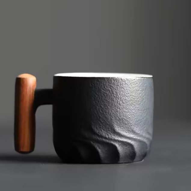 black ceramic mug with a wooden handle (60ml)