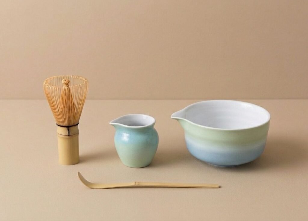 4pcs ceramic matcha bowl and whisk set gradient (seafoam green & sky blue)