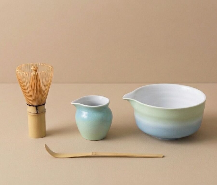 Home 4pcs ceramic matcha bowl and whisk set gradient (seafoam green & sky blue)