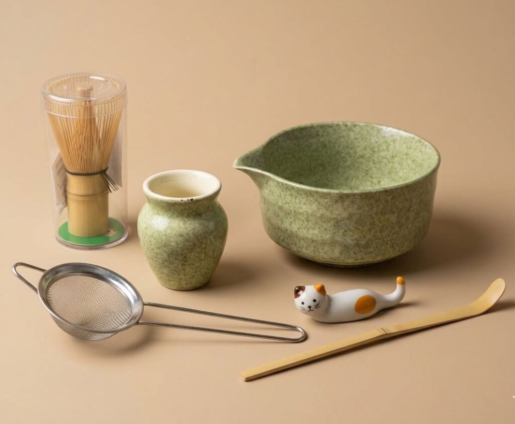 6 pcs ceramic matcha bowl and whisk set (earthy green)