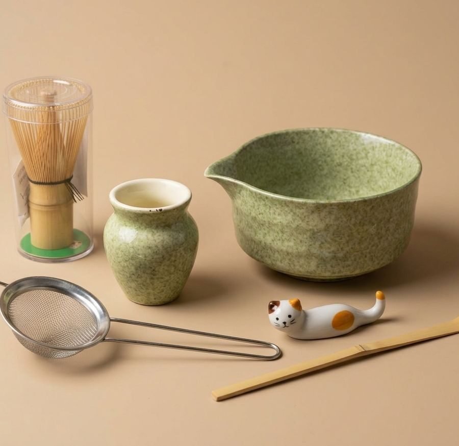 6 pcs ceramic matcha bowl and whisk set (earthy green)