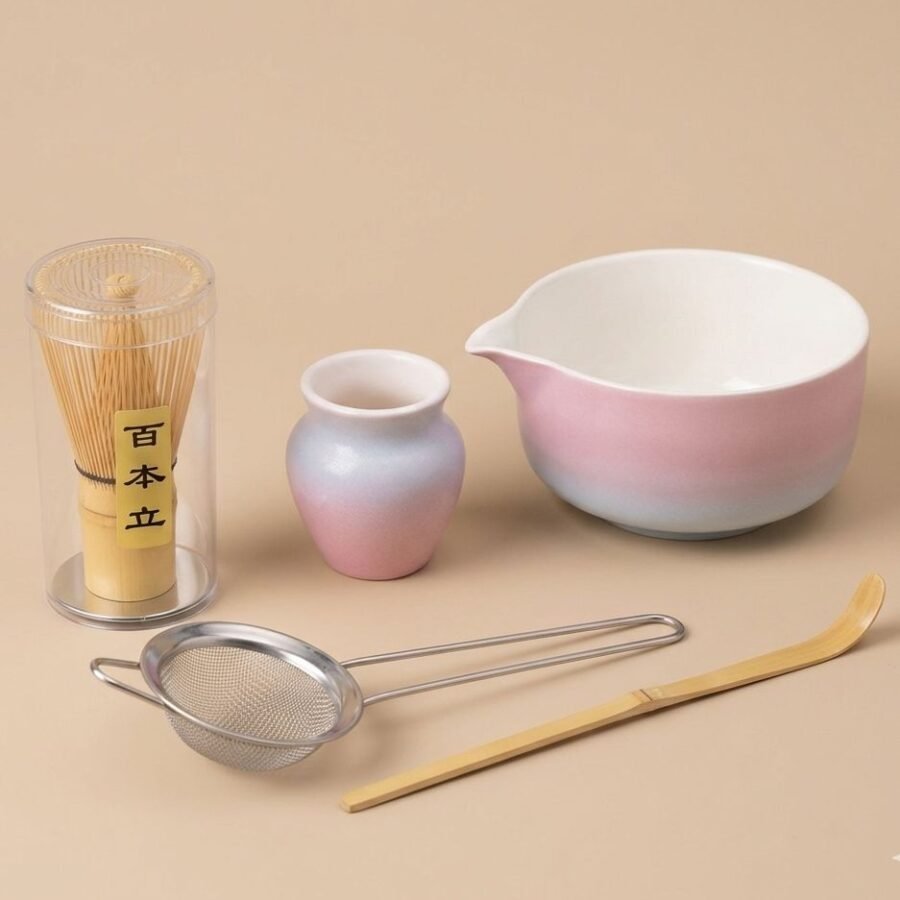 5 pcs ceramic matcha bowl and whisk set (pink blue)