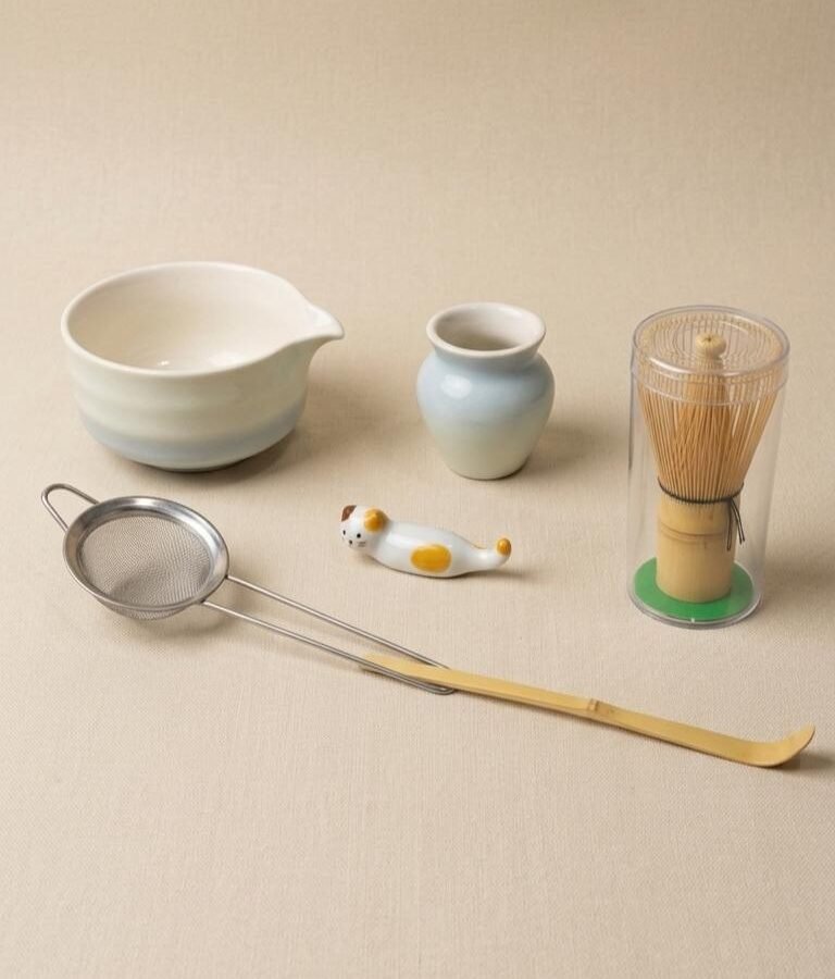 5pcs ceramic matcha bowl and whisk set (blue green)