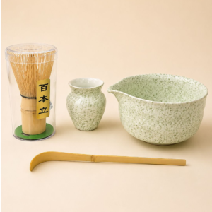 4pcs ceramic matcha bowl and whisk set (marble green)