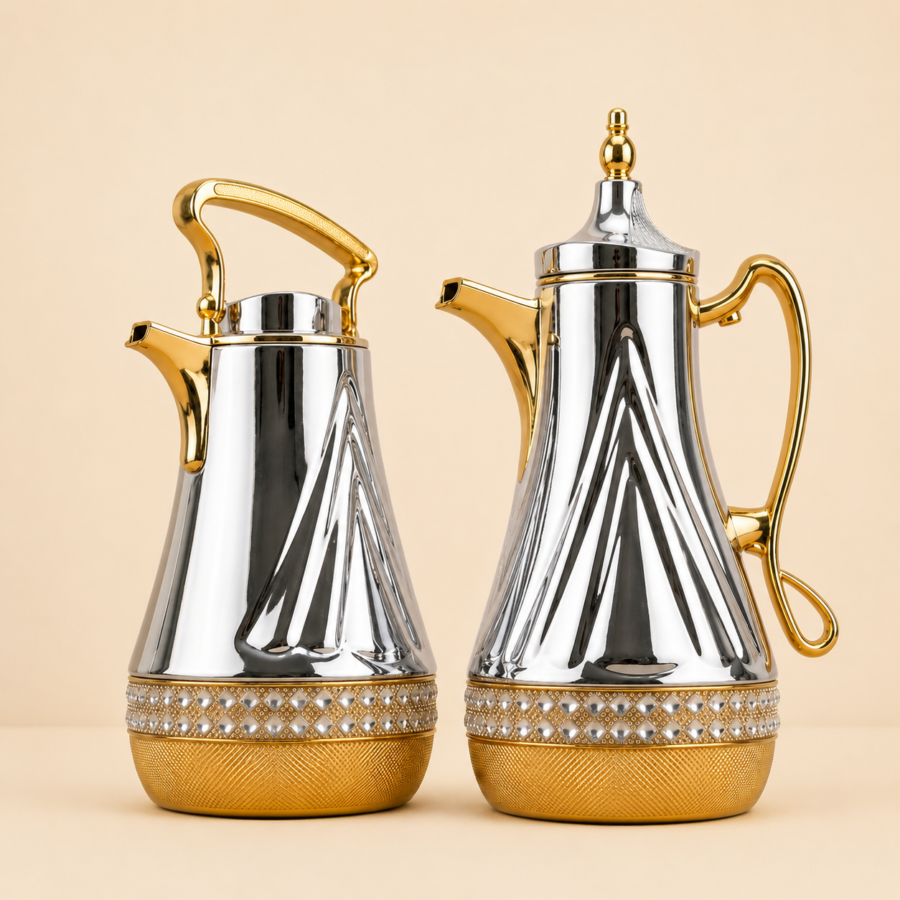 silver thermos set with gold base
