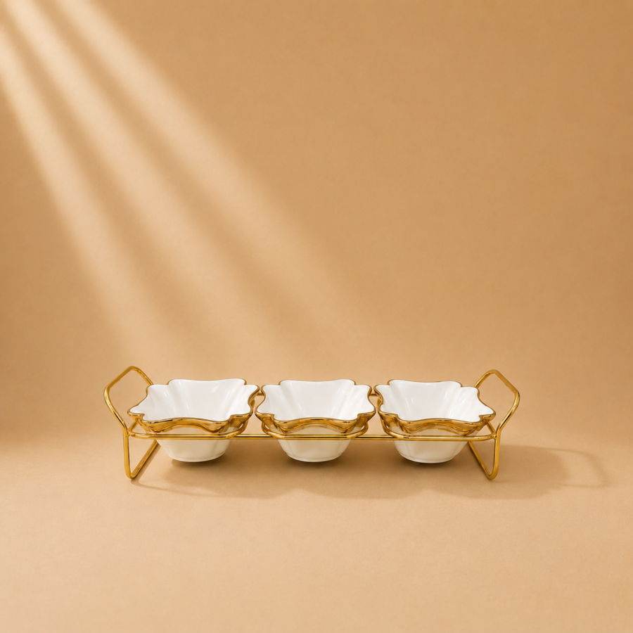 3 plates with golden stand luxury petal