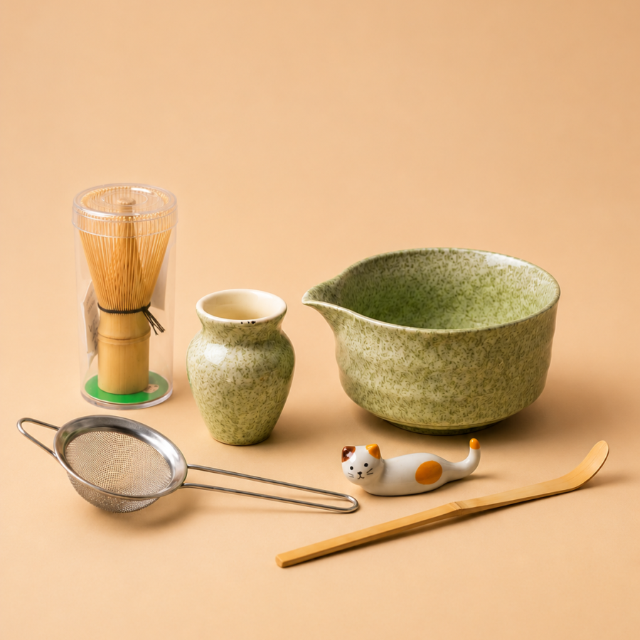 5 pcs ceramic matcha bowl and whisk set (earthy green)