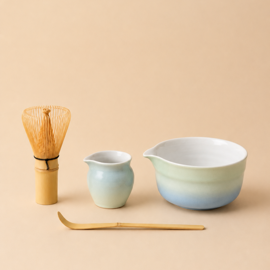 4pcs ceramic matcha bowl and whisk set gradient (seafoam green & sky blue)