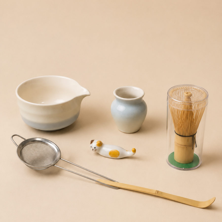 5pcs ceramic matcha bowl and whisk set (blue green)