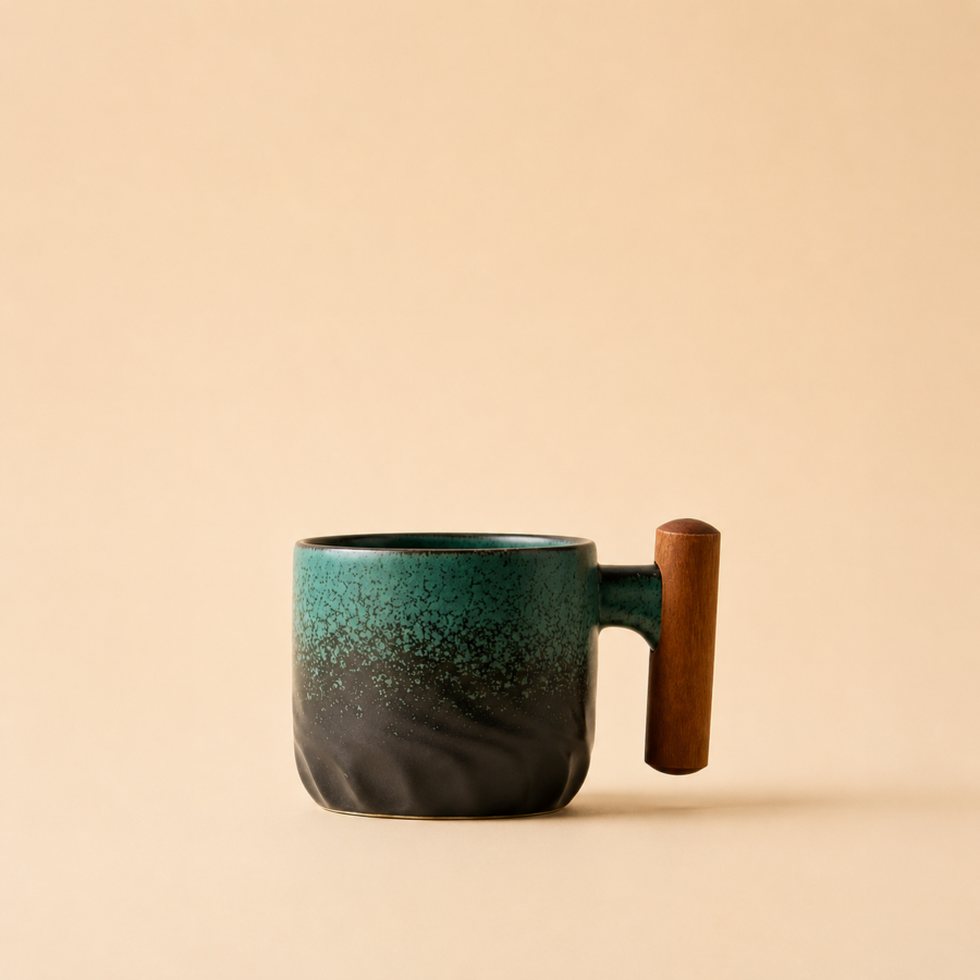 green/black ceramic mug with a wooden handle (60ml)