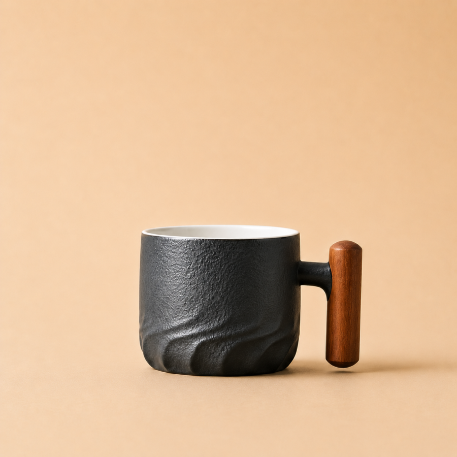 black ceramic mug with a wooden handle (60ml)