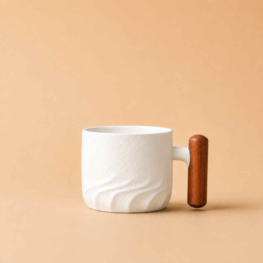 white ceramic mug with a wooden handle (60ml)