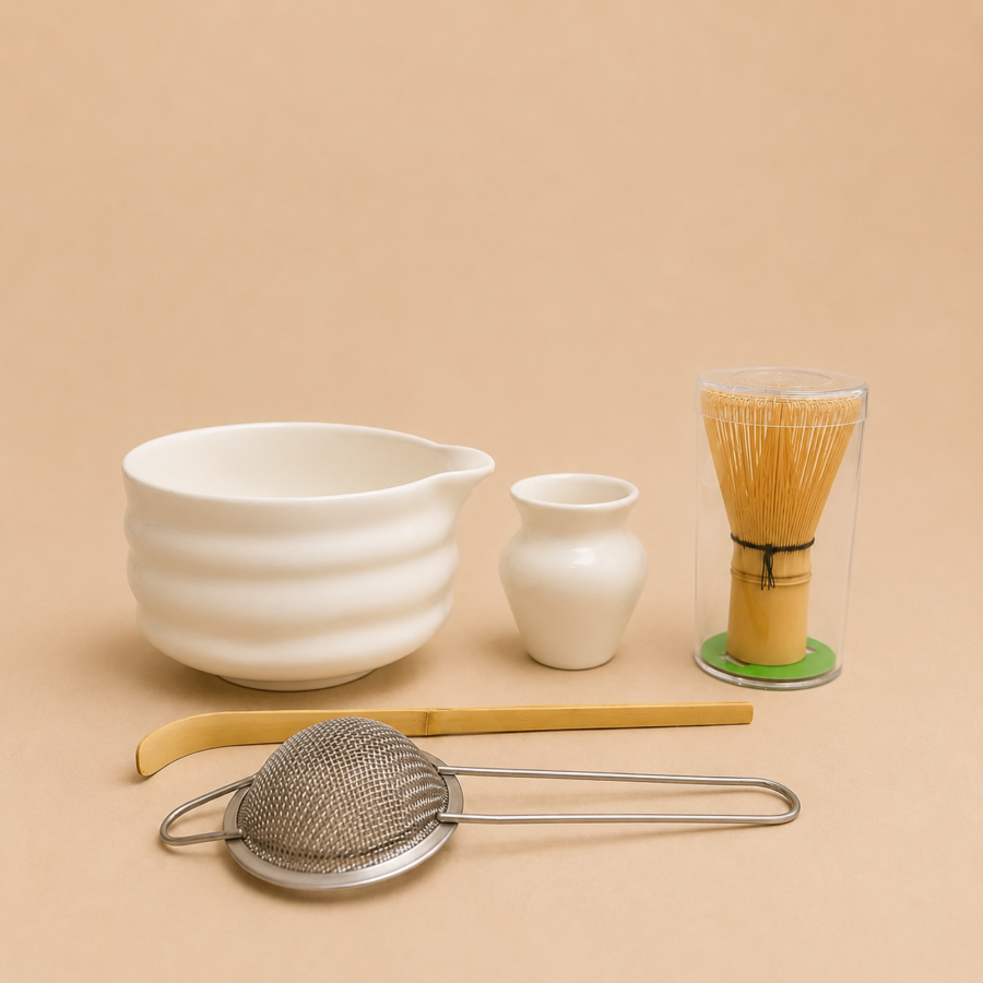 5 pcs ceramic matcha bowl and whisk set (white)