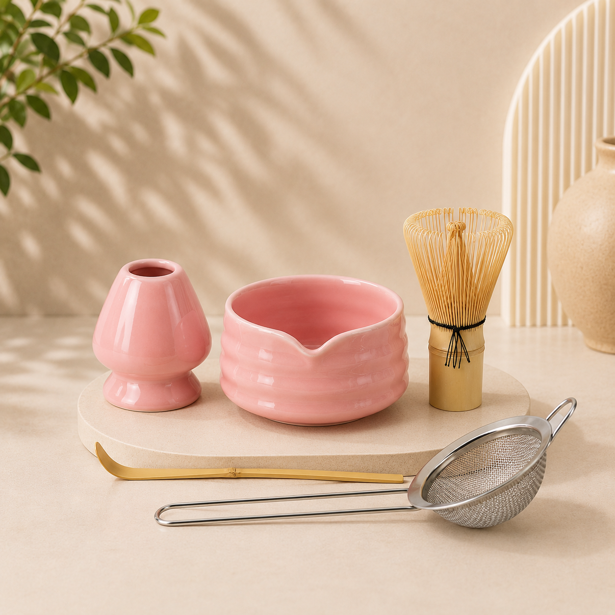 5 pcs ceramic matcha bowl and whisk set (pink) 5 pcs ceramic matcha bowl and whisk set (pink)