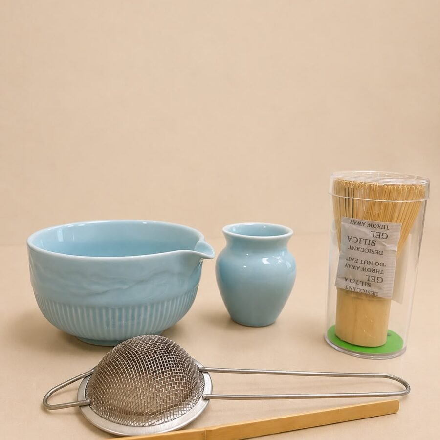 5pcs ceramic matcha bowl and whisk set (blue)