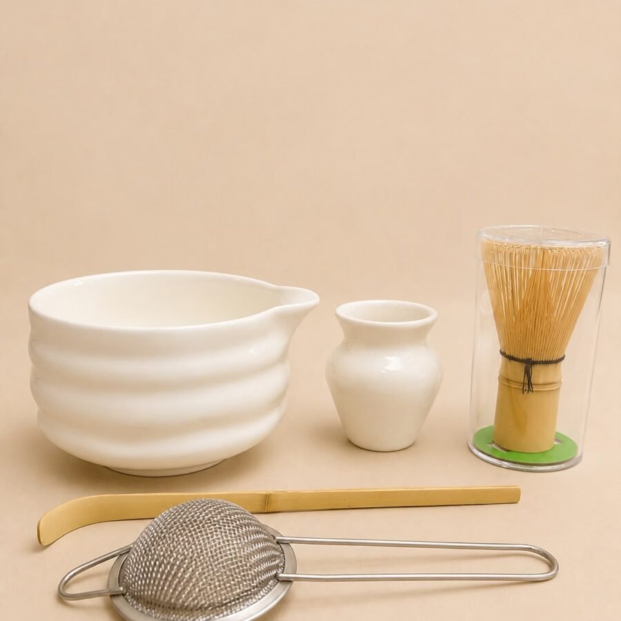 Home 5 pcs ceramic matcha bowl and whisk set (white)