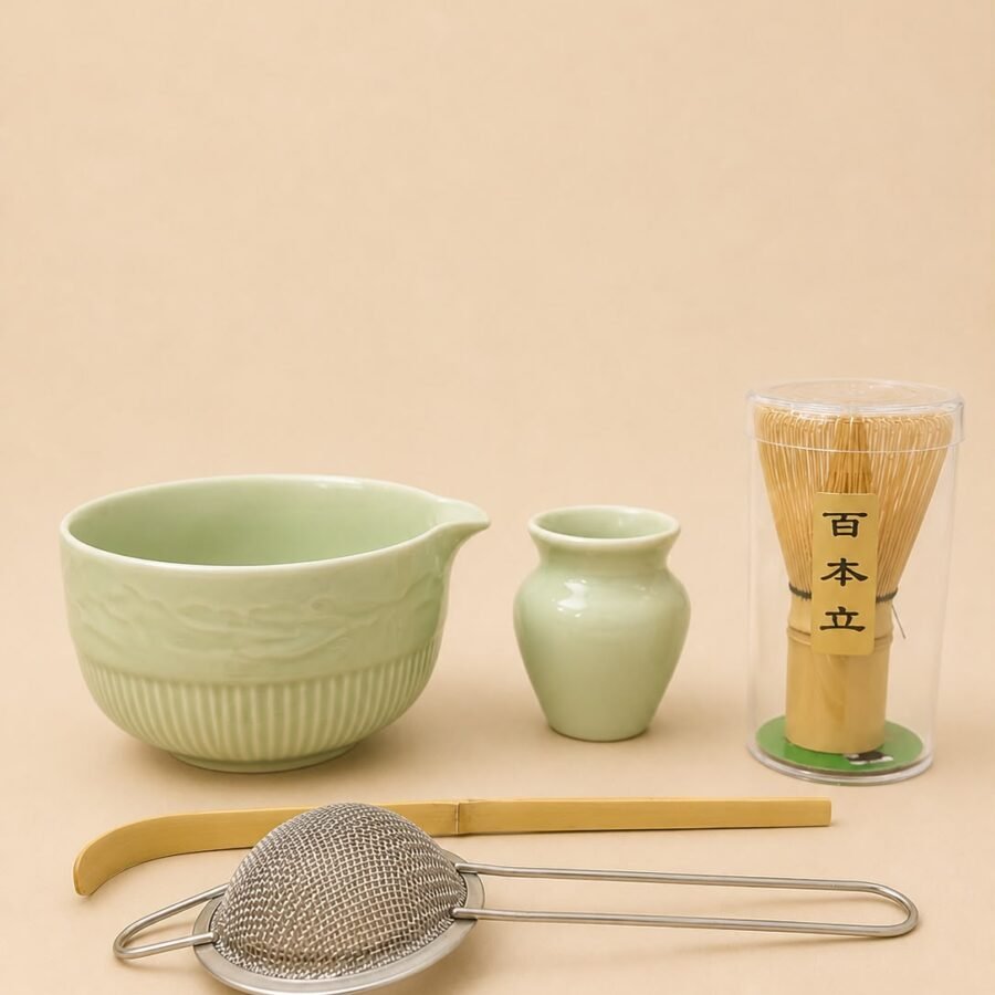 5pcs ceramic matcha bowl and whisk set (green)