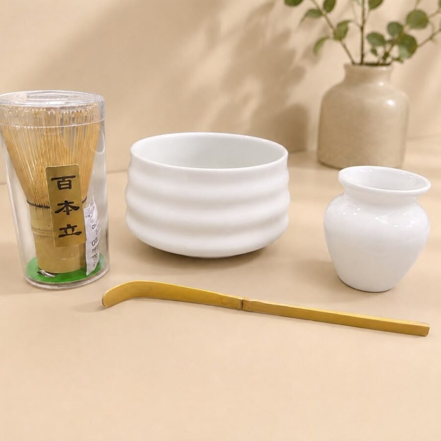 4pcs ceramic matcha bowl and whisk set (white)