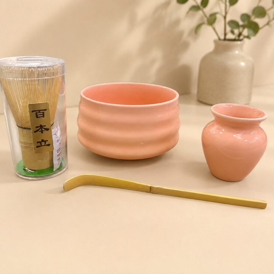 4pcs ceramic matcha bowl and whisk set (pink)